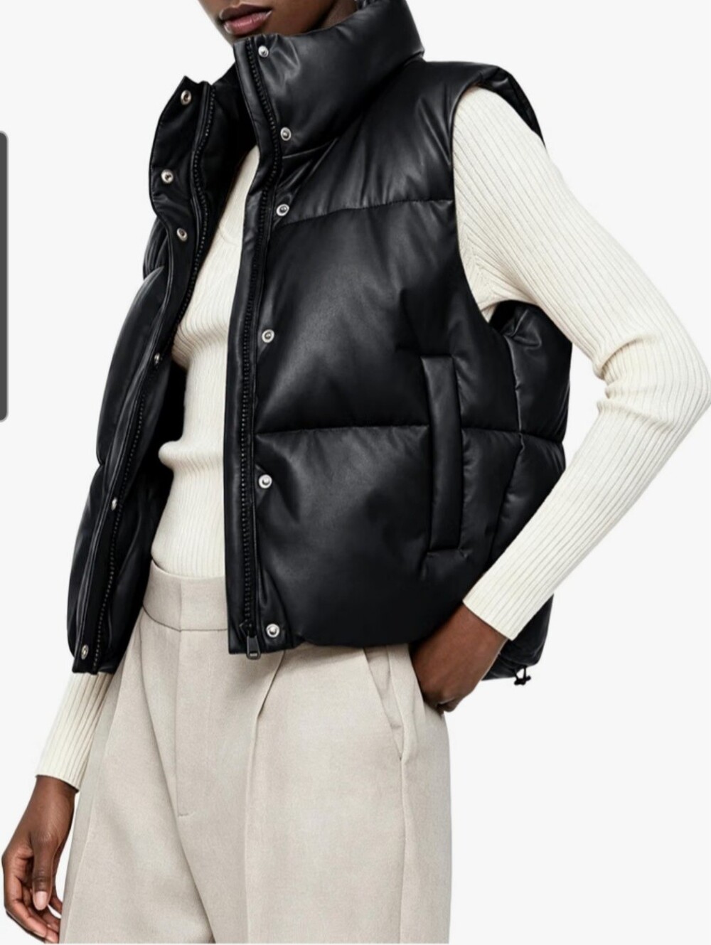 Black Quilted Faux-Leather Puffer Vest - Women